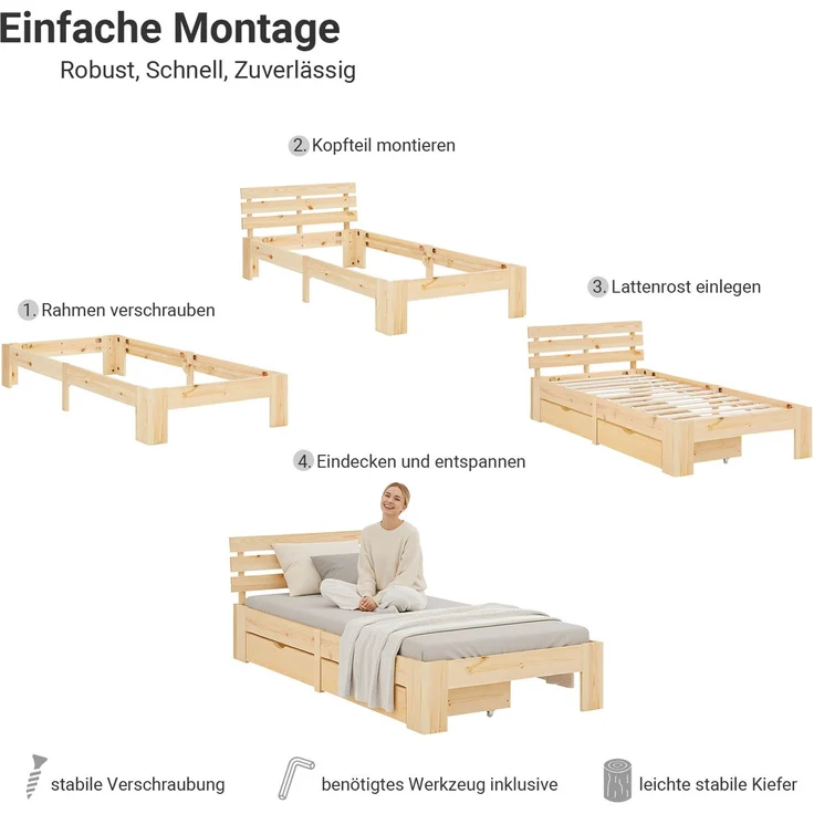 Holzbett 90x200 mit Matratze 2 Bettkästen Bett Natur Holzbett Bettgestell Futonbett Jugendbett Einzelbett – Bild 7