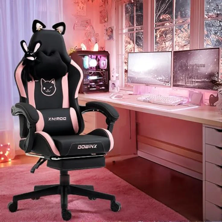 Dowinx Gaming Stuhl - Süße Katze Edition - Ergonomischer Computerstuhl mit Hoher Rückenlehne und Lendenwirbelstütze, PU-Leder, Fußstütze, Schwarz – Bild 3