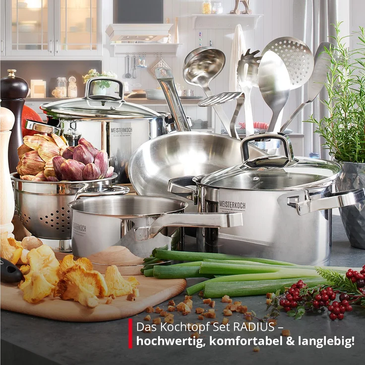 MEISTERKOCH Kochtopf Set komplett aus Edelstahl 4-teilig mit 16cm, 20cm, 24cm Ø Topf & 16cm Soßentopf mit Stiel, Glasdeckel mit Dampfloch, geeignet für Herdarten Induktion, Gas, Elektro & Glaskeramik – Bild 2