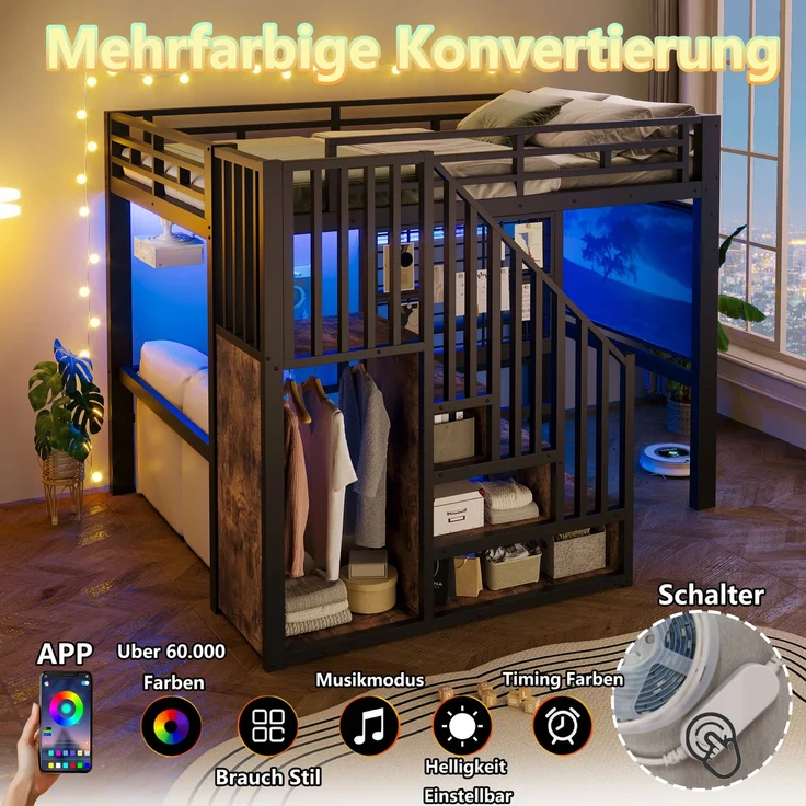U-life Hochbett 140x200 cm, fürs Schlafzimmer, Eisenbett, Aufbewahrungstreppe, Gitter, Aufhängestange, MDF, Schwarz – Bild 6