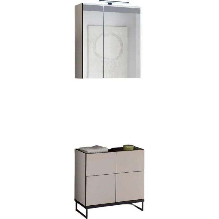 moebel-dich-auf Badmöbel-Set VENEZIA, (inklusive LED-Beleuchtung, kaschmir Spiegelschrank WBU optional mit Hoch-/Highboard), Metall Füße – Bild 1
