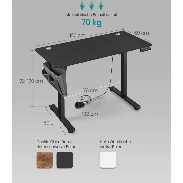 Songmics Höhenverstellbarer Schreibtisch elektrisch, 60x120 x (72-120) cm, Verstellbarer Tisch, Memory-Funktion für 4 Höhen, für Homeoffice, Arbeitszimmer, tintenschwarz LSD132B01 – Bild 3