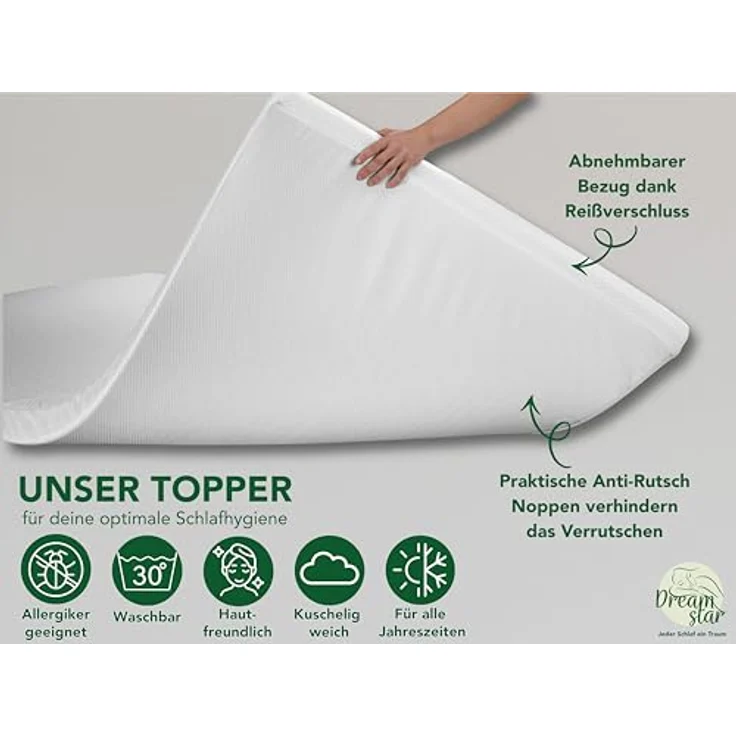 Dreamstar Duo Topper, Matratzentopper H2/H3 mit Gel-Memory und Komfortschicht, 7 cm hoch, rutschfest, waschbarer Bezug für Matratzen und Boxspringbetten – Bild 4