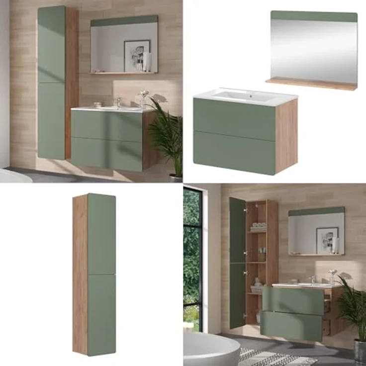 Vichy Badmöbel-Set Izan, 4-teiliges Badmöbelset in Goldkraft Eiche/Grün mit Hochschrank und Waschbecken – Bild 7