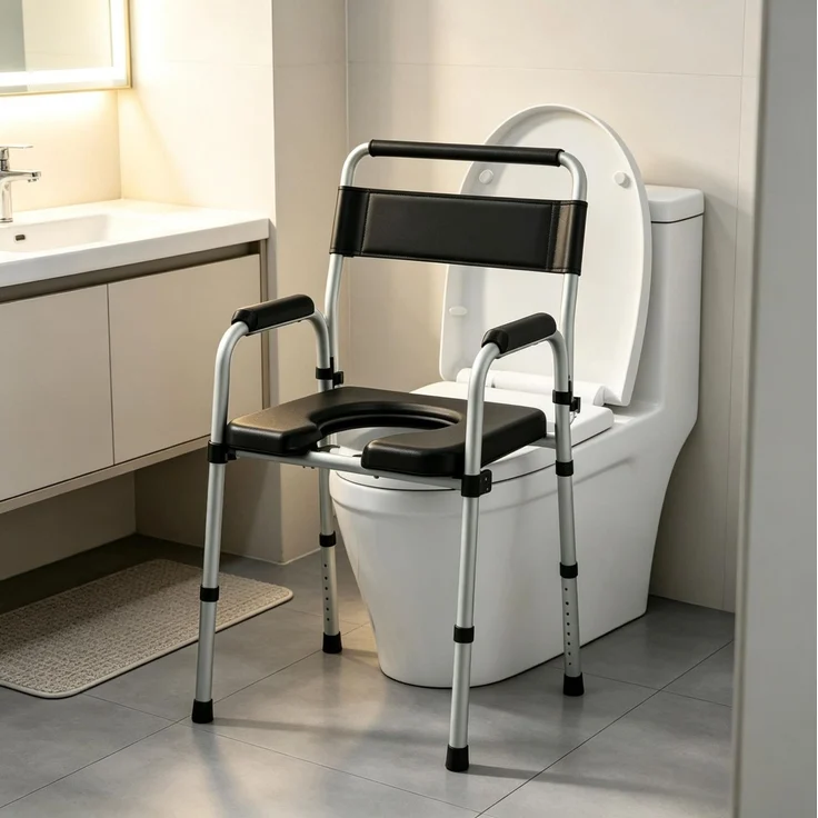 Toilettenstuhl aus Stahl und Kunststoff, klappbar und höhenverstellbar, 52,5x46x81,5–97 cm, Schwarz – Bild 2
