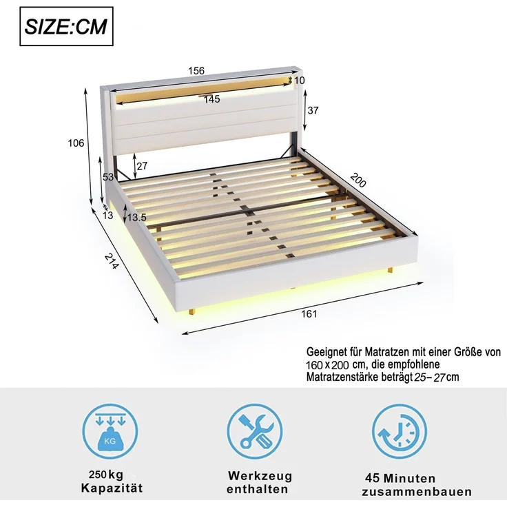Polsterbett 160x200 cm mit USB-Steckdose und LED-Licht, wendbares Kopfteil, verdecktes Fußteil, Doppelflachbett, Jugendbett, Erwachsenenbett, Leinenstoff Beige – Bild 8