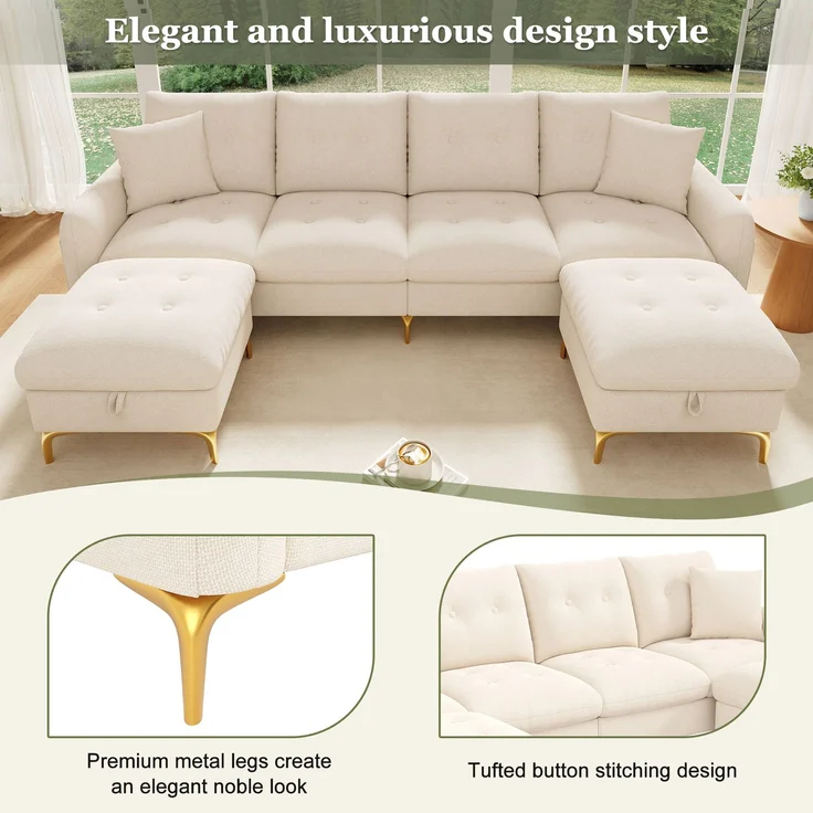 ZUBALIYA SchlafSofa mit Stauraum, mit Chenille - Bezug, mit Samtbezug, mit Knopfheftung, mit breiten Armlehnen, Beige – Bild 13