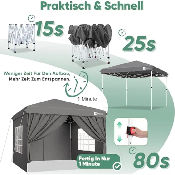 Sunula Pavillon 3x3m, wasserdicht und stabil, winterfest mit 4 Seitenwänden, Faltpavillon in Grau, für 6-8 Personen – Bild 2