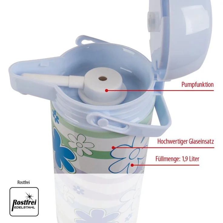 EUROHOME Pump-Isolierkanne EUROHOME Airpot Isolierkanne 1,9L – Thermoskanne Flowers, 1,9 l, (Pumpkanne 1,9l), Vielseitige Isolierkanne für Kaffee, Tee und mehr – Bild 3