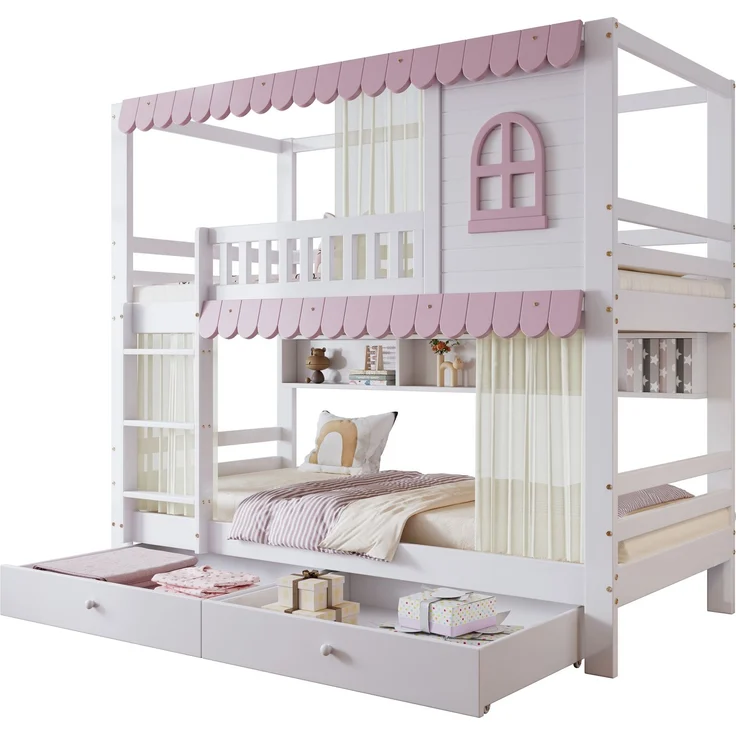 Merax Etagenbett 90x200cm mit 2 Schubladen, Kinderbett Hausbett mit Regal, Hochbett mit Lattenrost und Leiter, Stockbett Holzbett, Weiß+Rosa – Bild 10