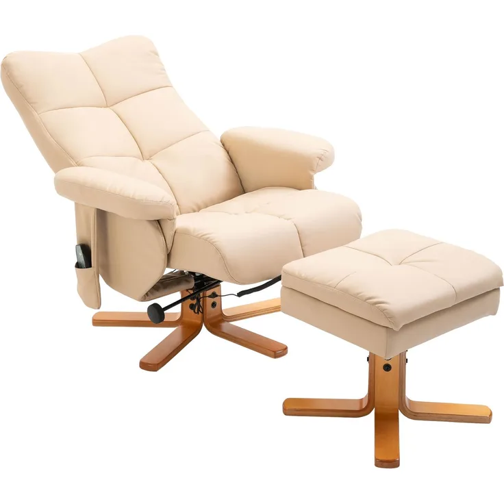 Wohnora-Relaxsessel mit Hocker, 360°drehbarer Fernsehsessel mit Massage, Liegefunktion, Massagesessel mit Seitentasche, TV-Sessel, Kunstleder für Wohnzimmer Cremeweiß,H 990cm x T 800cm x B 860cm