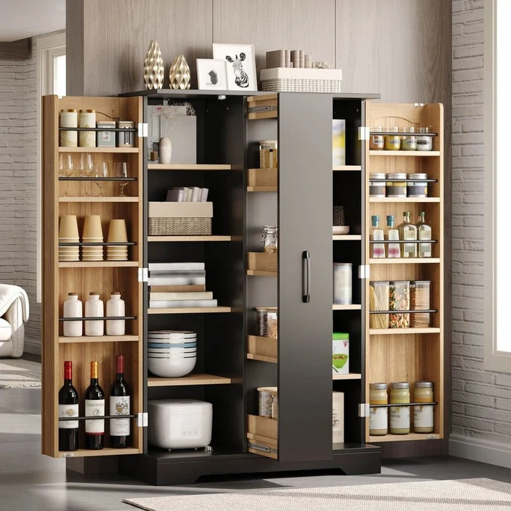 Celya Küchenbuffet Küchenschrank Doppeltürschrank mit 4-stufigem Vertikalauszug (mit Gewürzregal, verstellbaren Regalböden und modernem Design) – Bild 1
