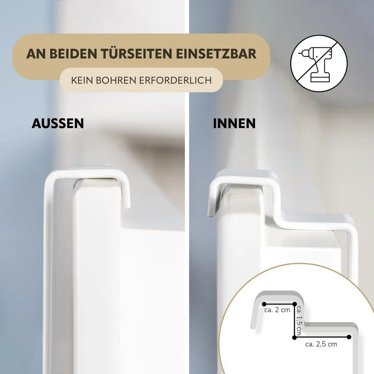 Tür-Hängeregal aus Metall und Bambus, 3 Handtuchstangen, 4 Haken, weiß – Bild 3