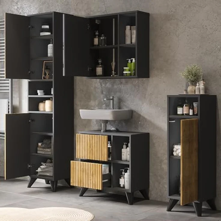 Vichy Badmöbelset Leano, Badezimmermöbel Set 4, Anthrazit/Bergeiche, mit Hochschrank, Badspiegelschrank und Waschbeckenunterschrank – Bild 5