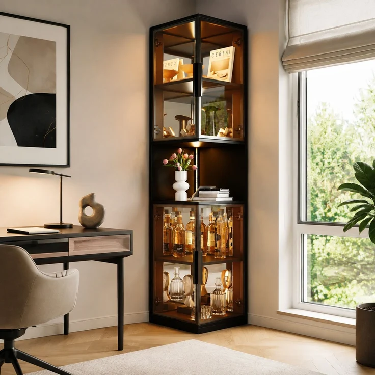 LED-Vitrine mit Glastüren & Spiegelrückwand, 42x44x205 cm, Schwarz – Bild 1