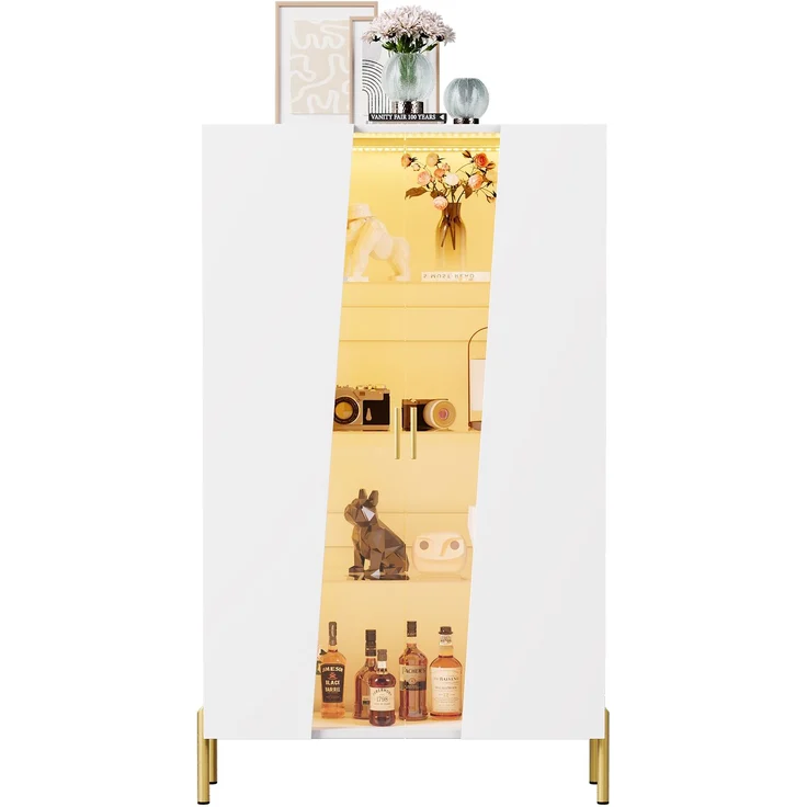 ZUBALIYA LED-Beleuchteter Glasschrank 72 x 40 x 145 cm, mit asymmetrischer gehärteter Glastür, 3 Glasböden, Metallgriff und Metallfüßen, als Vitrine, Esszimmerschrank, Bücherregal,Weiß – Bild 4