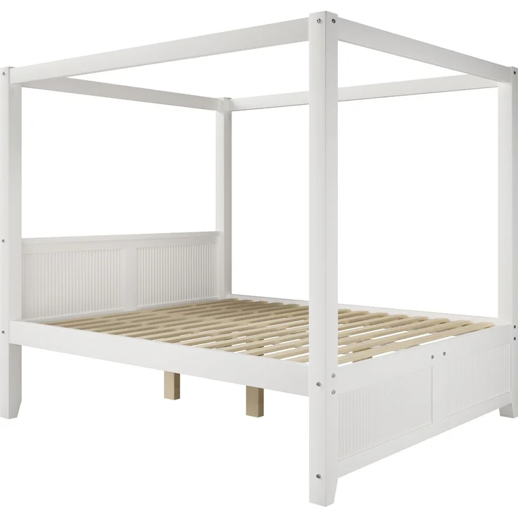 Himmelbett aus Kiefernholz und MDF mit Dachrahmen, 140x200 cm, Weiß, ohne Matratze – Bild 4