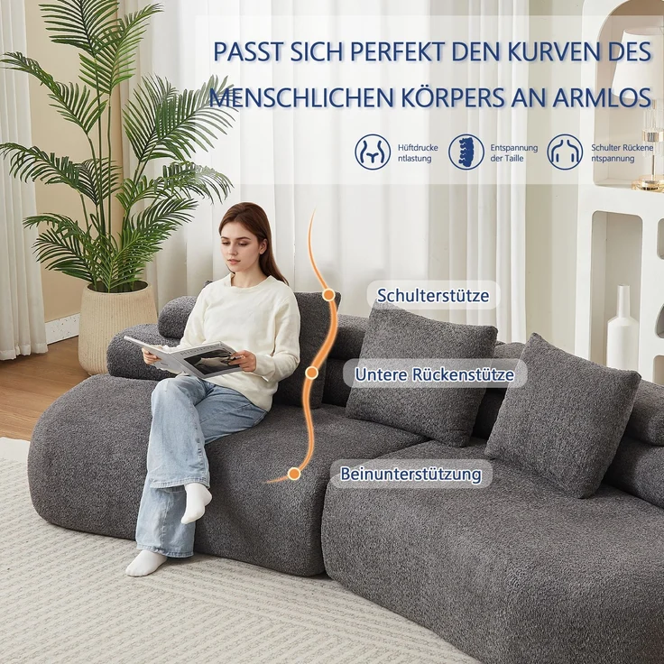 EINHOM Modulares Chenille Sofa im gebogenen Cashew-Design (Halbmondförmig), Vollständig abgerundetes 3-teiliges Polster-Sofa ohne harte Kanten, Anthrazitgraues modulares Couch-Set für Wohnzimmer & Kinderzimm – Bild 7