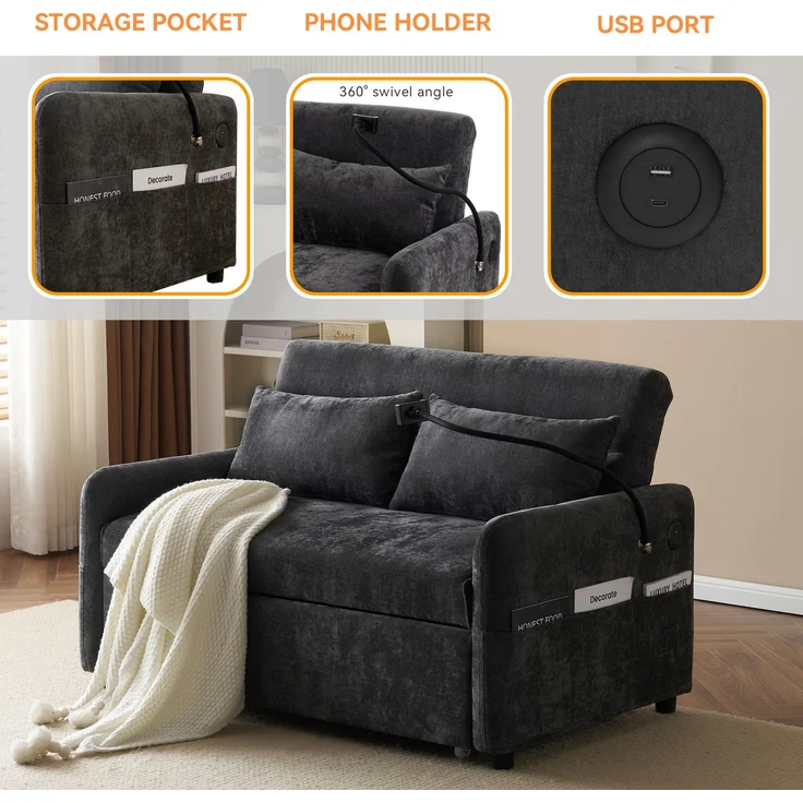 ZUBALIYA Schlafsofa 163x81 cm, mit USB - Anschluss, mit Ausziehbett, mit Chenille - Bezug, mit Samtbezug, mit Schaumstoffpolsterung, Weiß – Bild 13