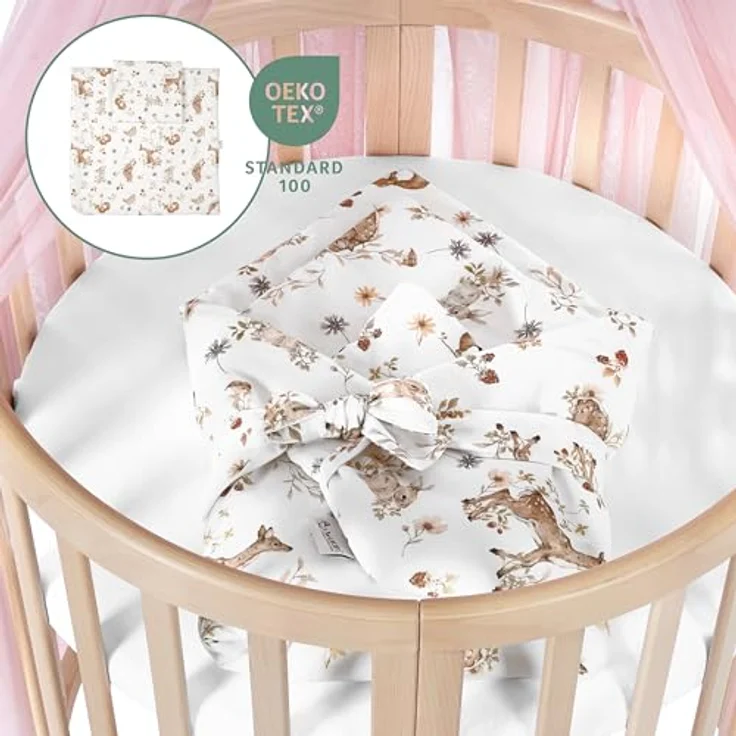 Waldin Oval Baby-Bett Mitwachsend Komplett Set 7in1, Gitterbett, Kinderbett mit Matratze, Wickelkommode, Beistellbett, Holz Natur, Stoffe Rosa Tiere – Bild 4