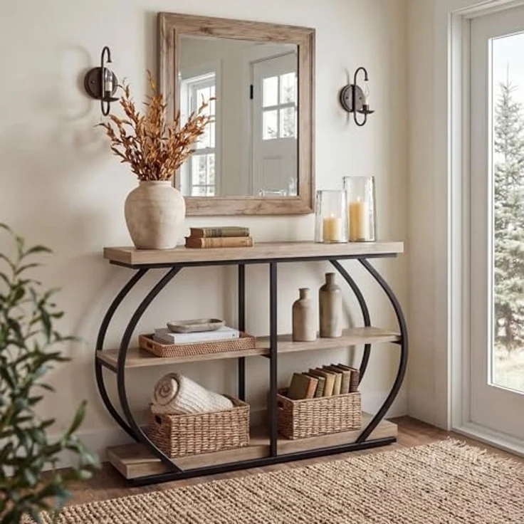 LITTLE TREE 105 cm Konsolentisch, industrieller 3-stufiger Sofatisch hinter dem Sofa, Flurtisch, Eingangstisch mit gewölbtem Metallrahmen und Ablageflächen für Wohnzimmer, Eingang, Hellbeige – Bild 3