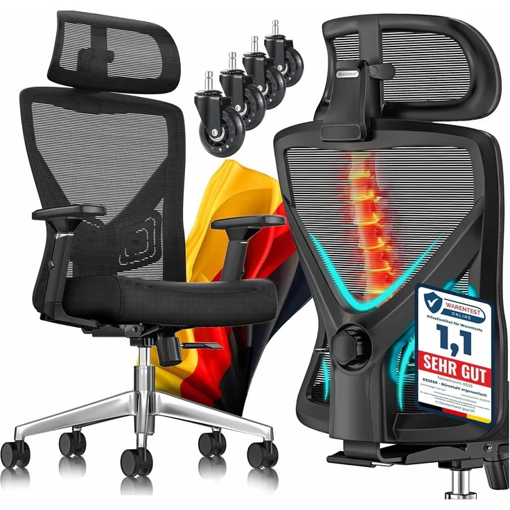 KESSER® Bürostuhl mit verstellbaren Armlehnen | Drehstuhl mit Lendenwirbelstütze Rückenschonend | Schreibtischstuhl ergonomisch mit Kopfstütze | Office Chair Wippfunktion bis 125° mit 5x Gummirollen Schwarz / Silber