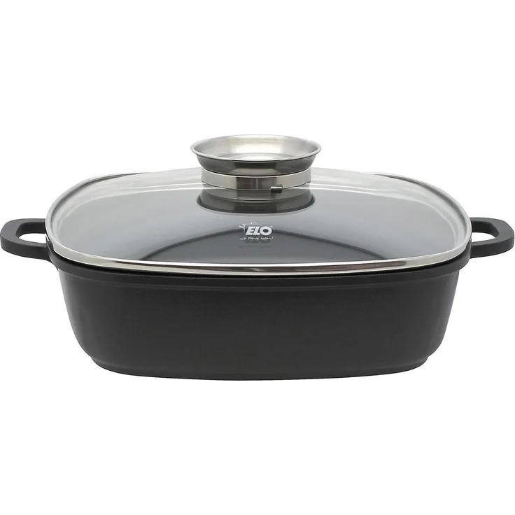 ELO 86680 Alucast - Servierpfanne mit Glasdeckel eckig 28 cm, Aluguss, induktionsfähig / Pfanne