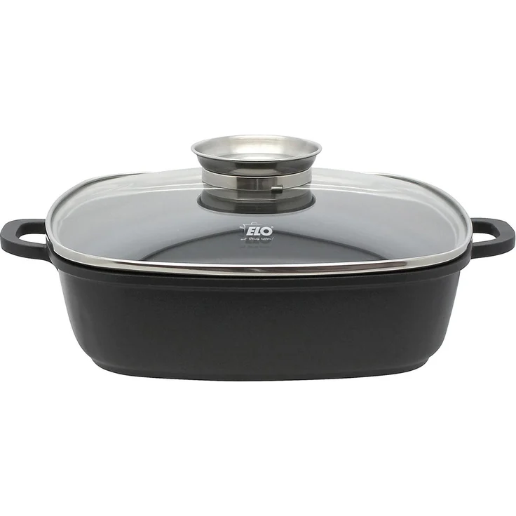 ELO 86680 Alucast - Servierpfanne mit Glasdeckel eckig 28 cm, Aluguss, induktionsfähig / Pfanne