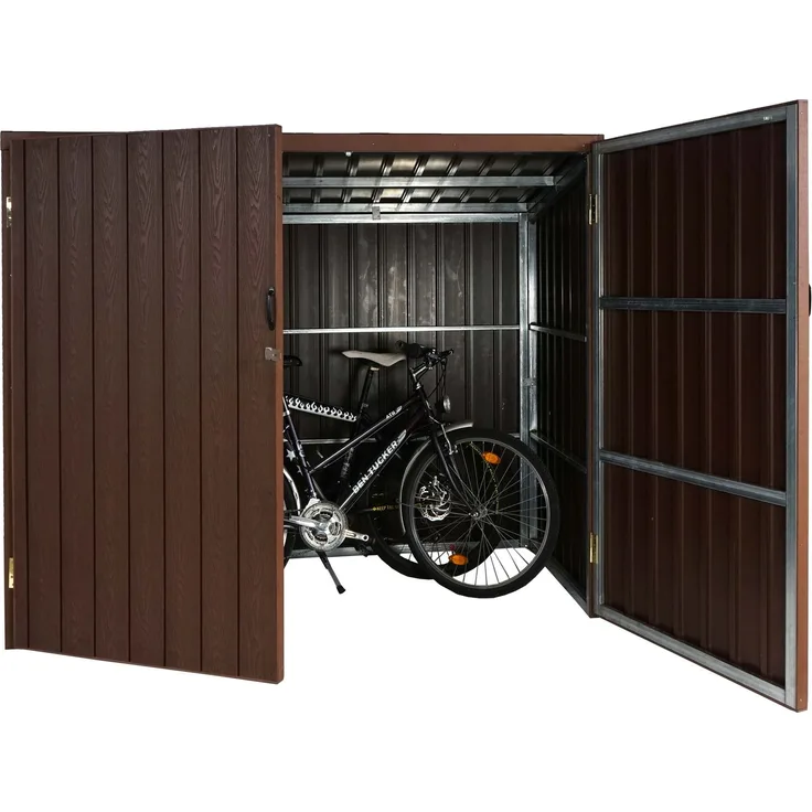 WPC-Fahrradgarage HWC-J29, Geräteschuppen Fahrradbox, Metall Holzoptik abschließbar ~ 2 Räder 172x213x112cm braun