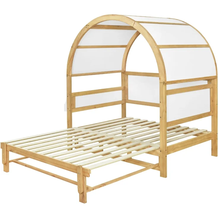 Gewölbedachbett erweiterbar mit Ausziehbett Funktion, Holzhaus Design aus Kiefer MDF, weiß-natur – Bild 9