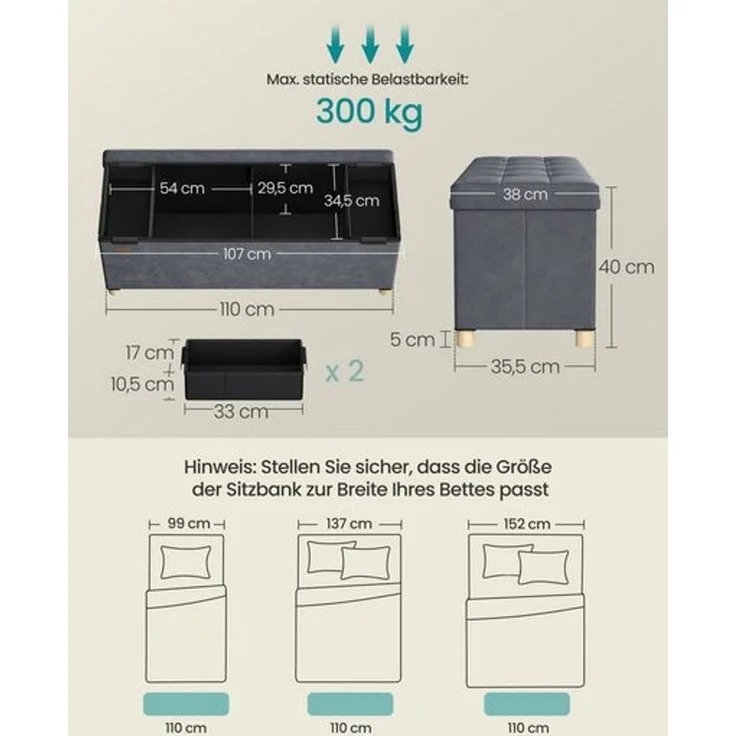 SONGMICS Sitzbank mit Stauraum, Hocker faltbar, 38 x 110 x 40 cm, Aufbewahrungsbox mit Deckel, Fußhocker 112 L, Samt, bis 300 kg belastbar, Flur Wohnzimmer Schlafzimmer – Bild 3
