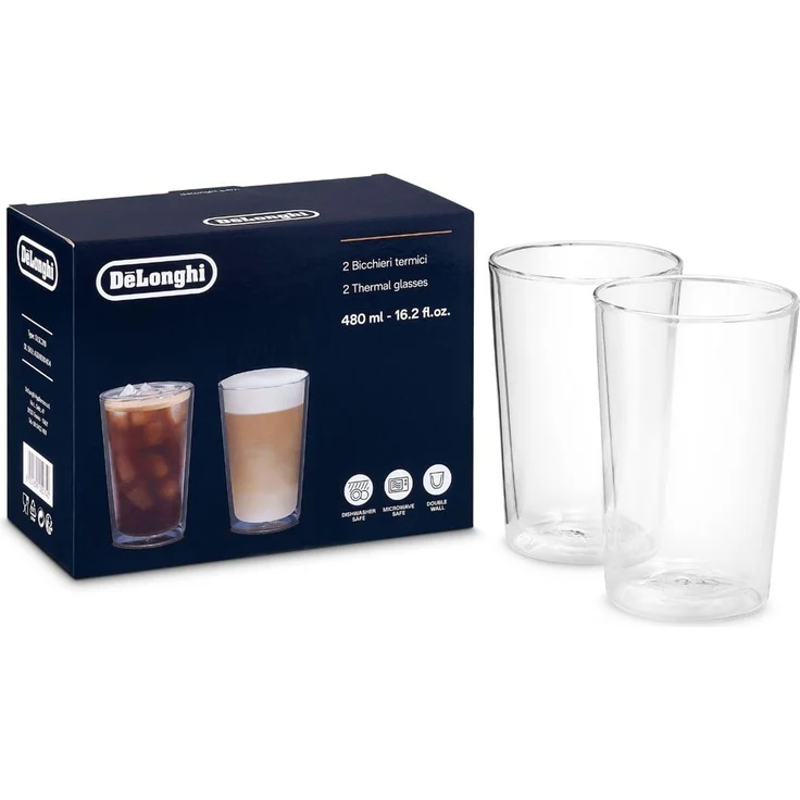 De'Longhi Gläser Set DLSC319, 2 doppelwandige Thermogläser mit Isolierfunktion für kalte und warme Getränke, widerstandsfähiges Borosilikatglas, Spülmaschinenfest, Fassungsvermögen 480 ml , 2 Stück