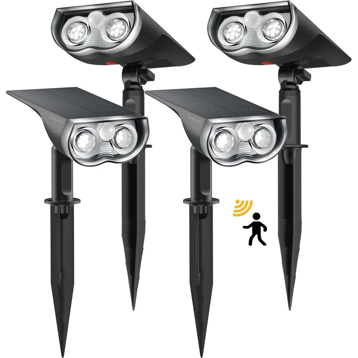 Linkind solarlampen Solar Strahler mit Bewegungsmelder 6500K Kaltweiß, 3 Modi (inkl. Dauerlicht), 1000Lm Helle Solar Aussenlampen von 2 Montage, IP65 Gartenstrahler für Weg, 4 Stück