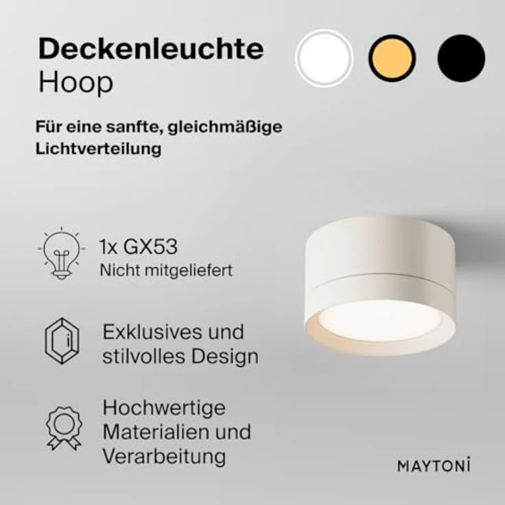 MAYTONI HOOP Deckenleuchte, Downlight GX53, 12 W, moderner Deckenspot aus Aluminium, LED Einbauleuchte für Decke in Küche, Flur, Wohnzimmer, Weiß – Bild 2