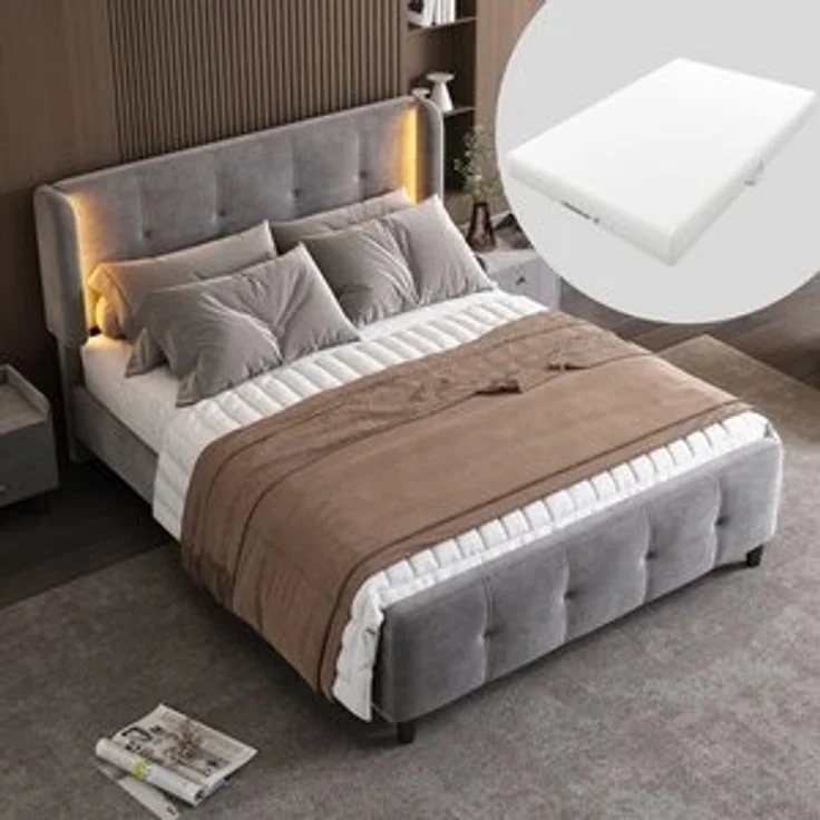HAUSS SPOLE Polsterbett 140x200cm mit LED-Leisten, höhenverstellbares Kopfteil, Samt, Grau (Stauraum im Wohnzimmer und Schlafzimmer, MDF, Samt), Samt 140x200 cm,Inklusive Matratze – Bild 6