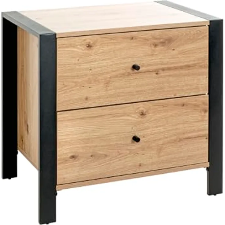 XXXL Nachtschrank, Schwarz, Eiche, Metall, 2 Schubladen mit Soft-Close-System, 60x60x42 cm, Schlafzimmer Möbel