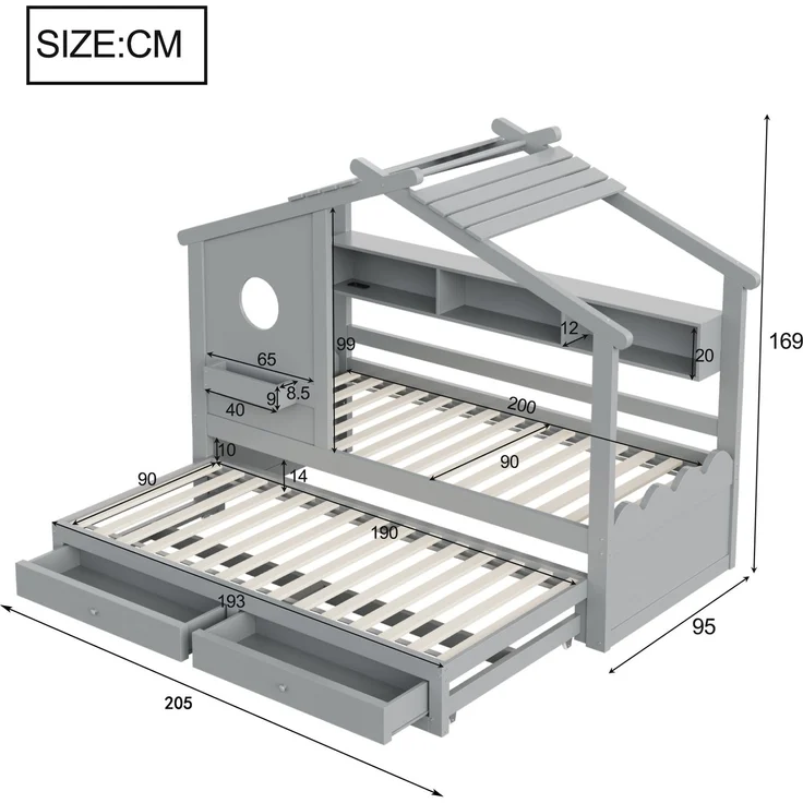 Merax Kinderbett, Jugendbett, 90x200cm, mit Ausziehbett 90x190cm, mit 2 Schubladen, mit USB- und Typ-C-Ladeanschlüssen und LED, mit Einlegeböden, Grau – Bild 4