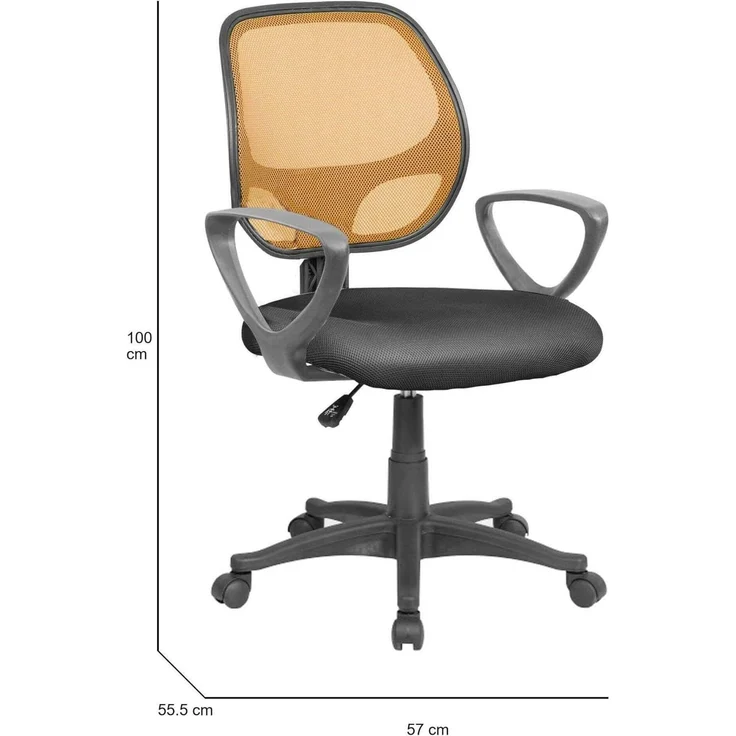 Dmora - Stuhl mit Rädern Geraldton, Mesh-Arbeitsstuhl mit Armlehnen, ergonomischer Bürositz, 56x57h88/100 cm, Schwarz und Orange – Bild 2