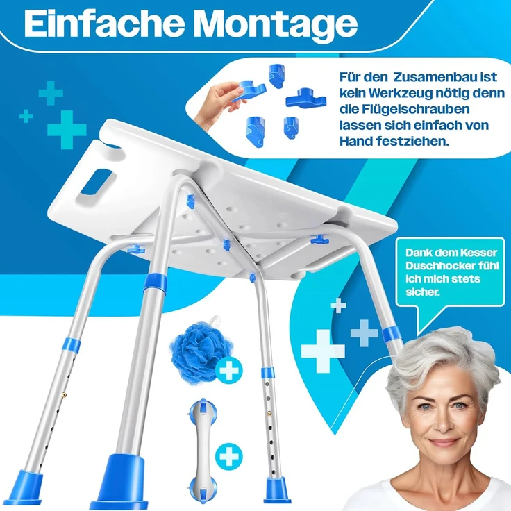 KESSER® Duschhocker höhenverstellbar | Leichter Badhocker rutschfeste Gummifüße Duschstuhl 136KG belastbar | Duschhilfe Senioren | Saugnapf Haltegriff Badewannengriff | Duschsitz mit Brausehalterung Weiß / Blau – Bild 7
