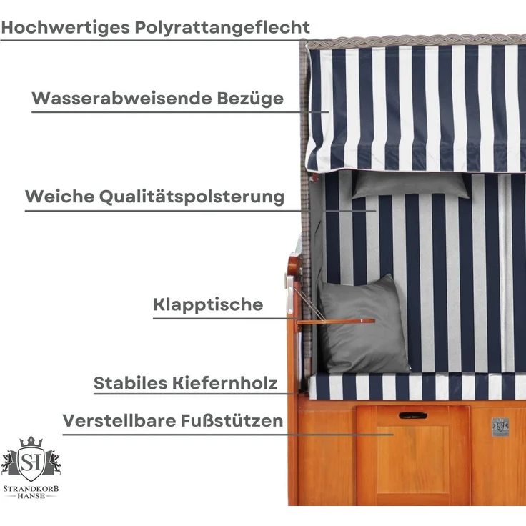 Strandkorb Hanse Ostsee Klassik XXL 2 Sitzer - Blau Weiß Blockstreifen – Bild 6