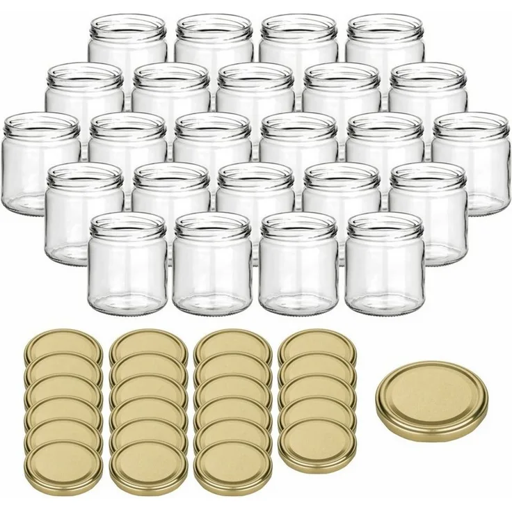 gouveo Honigglas 500g mit Schraub-Deckel - Leere Vorratsgläser 405 ml für Honig, Metall TO82 goldfarben, (24-tlg)
