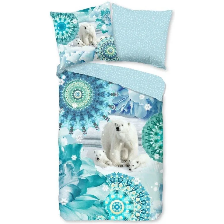 hip Flanell Bettwäsche 135x200 Seppo Eisbär Winter Eis Mandala blau 30952