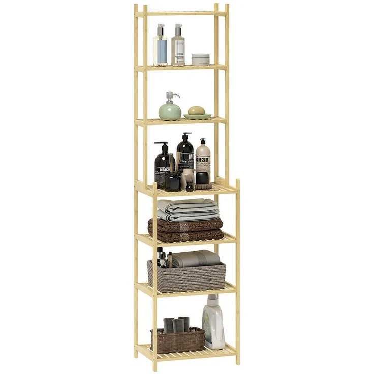 HOMCOM Badregal Badezimmerregal mit 7 Ebenen, Standregal, Aufbewahrungsregal aus Bambus 1-tlg, für Wohnzimmer, Badezimmer, Natur, 44 x 33 x 180 cm