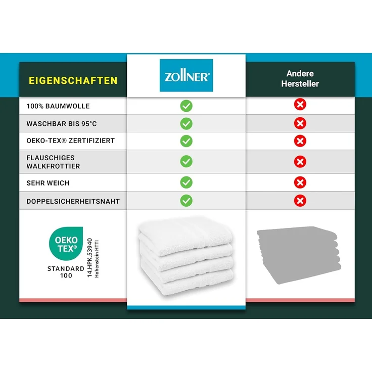 ZOLLNER 4er Set Handtücher, 50x100 cm, weiß, 100% Baumwolle – Bild 6