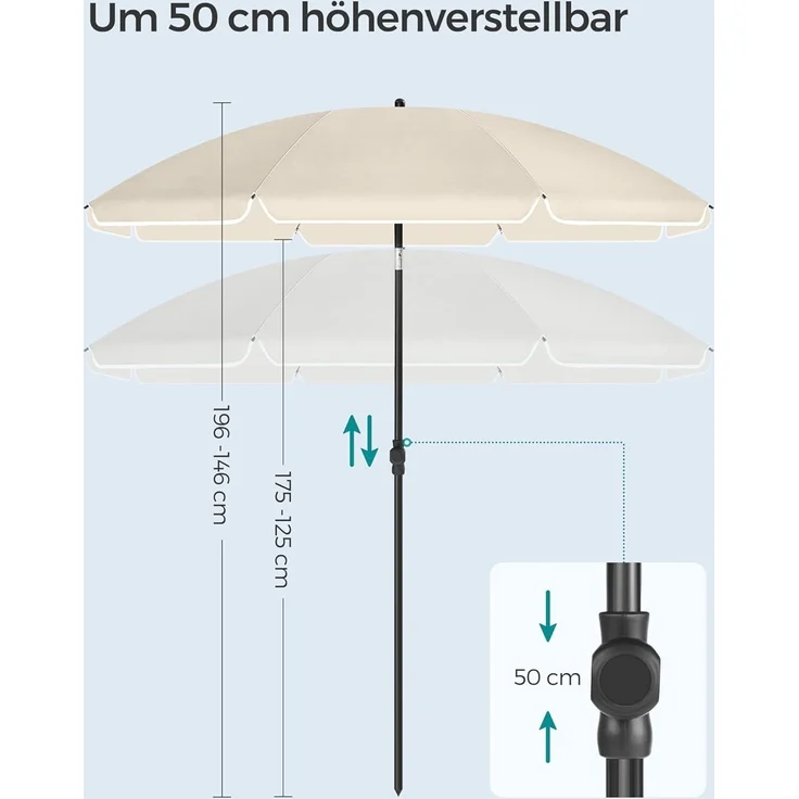 SONGMICS Sonnenschirm 160 cm, Sonnenschutz, UPF 50+, Strandschirm, beidseitig um 30° knickbar, höhenverstellbar, mit Tragetasche, für Balkon, Garten, Terrasse, Strand, ohne Ständer, beige GPU60WTV1 – Bild 4