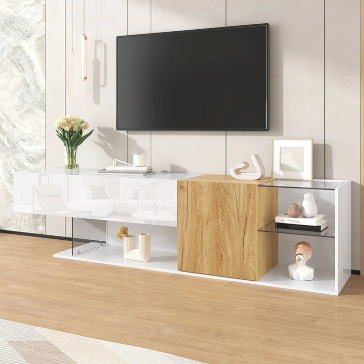 TV-Schrank 180 cm in Weiß Hochglanz mit Holzoptik, Lowboard mit Türen und Glasregalen – Bild 3
