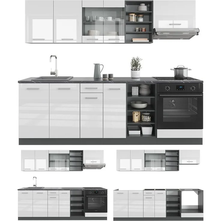 Küchenzeile R-Line Weiß Hochglanz/Anthrazit 240 cm , AP Marmor Vicco – Bild 6