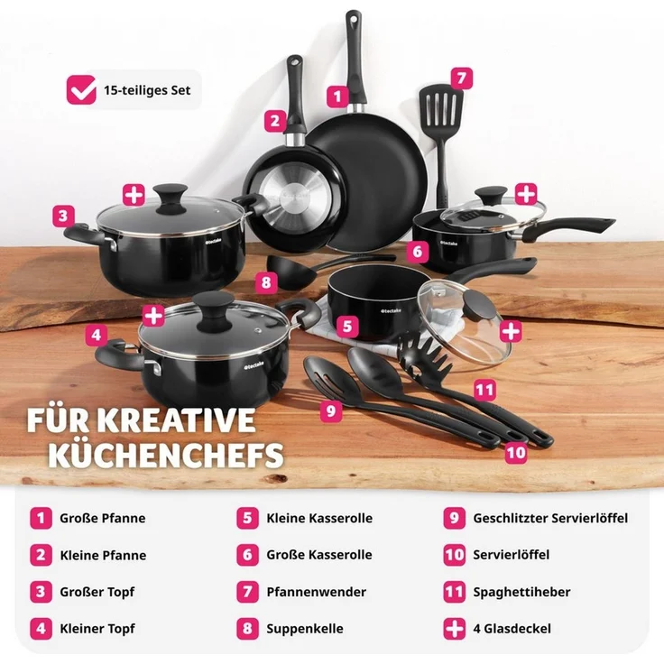 tectake Topf-Set Aluminium Kochtopfset, Aluminium (Komplettset, 15-tlg), 15-teilig – Bild 3