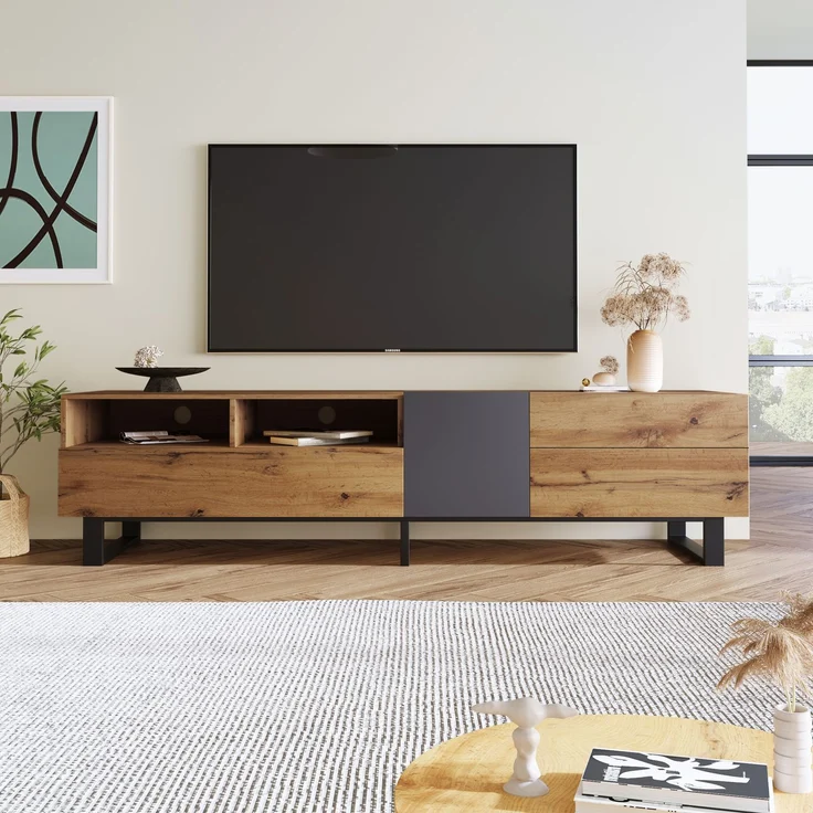 TV-Schrank 180 cm Eiche und Anthrazit, modernes Lowboard mit Flügeltür, Schubladen und offenen Fächern – Bild 4