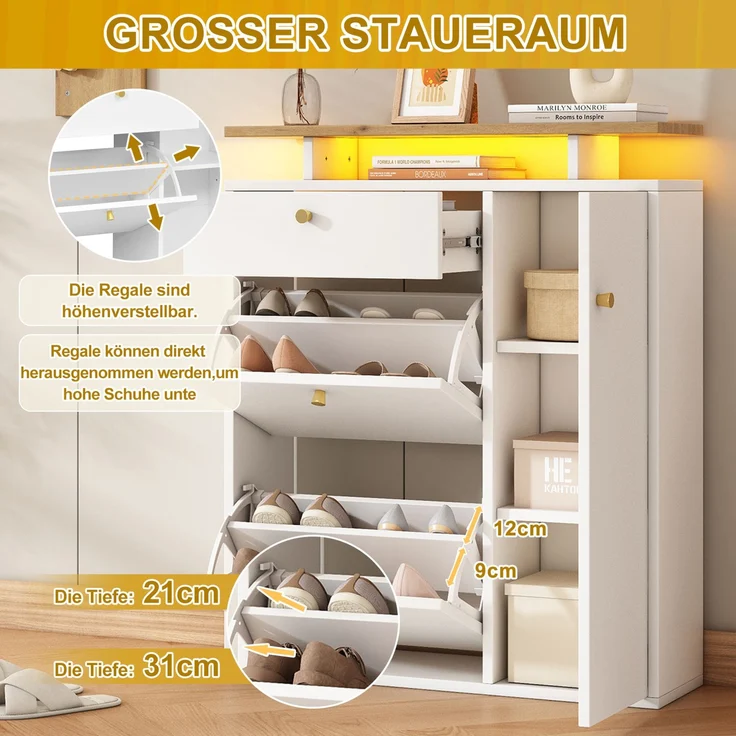 DESVIAE Garderobenschrank 3-tlg. mit LED-Beleuchtung und Spiegel 105x151,5x25 cm Spanplatte Weiß – Bild 5
